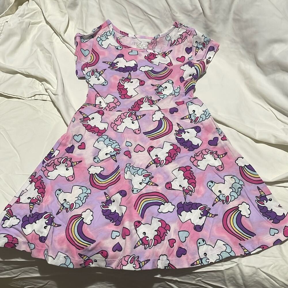 Childrens place 4 pink unicorn short sleeve fit n flare dress worn once euc